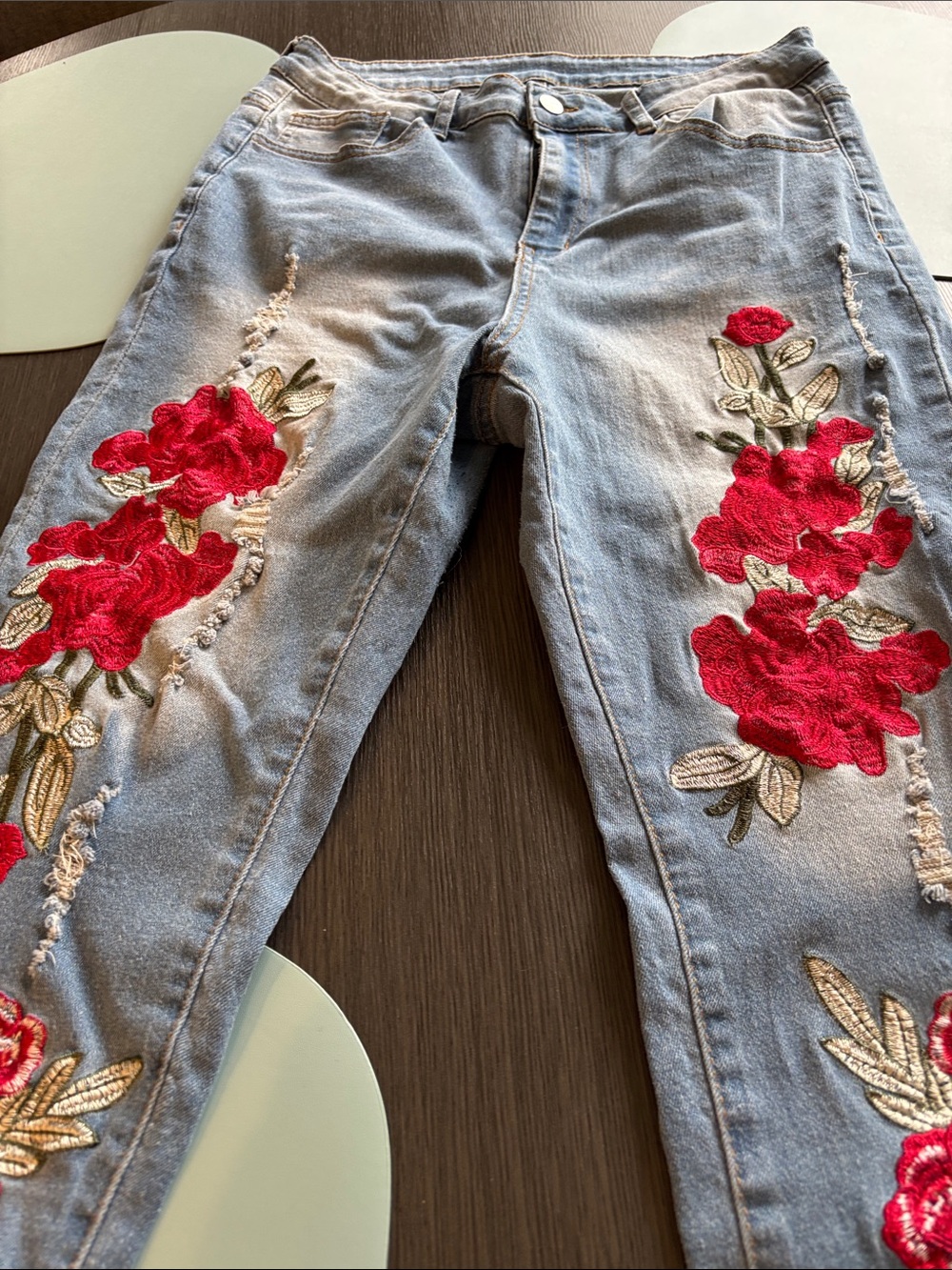 Light Blue Women’s Jeans with Red Floral Embroidery
